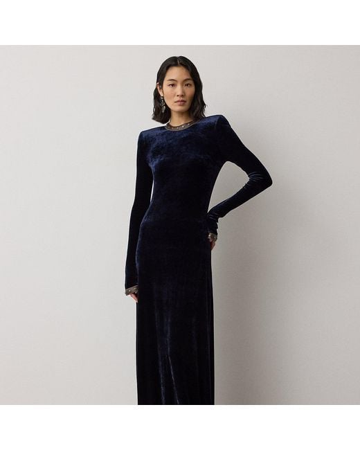 Ralph Lauren Blue Nancie Velour Evening Dress