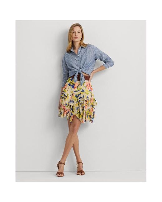 Lauren by Ralph Lauren Blue Floral Ruffle-trim Georgette Skirt