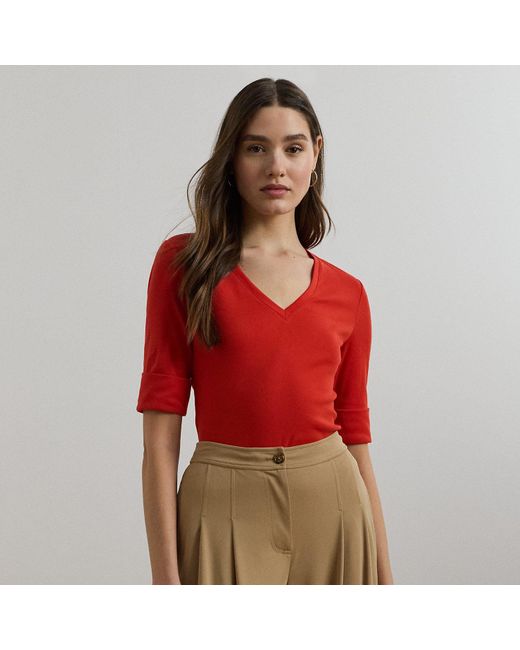 Maglietta in cotone con scollo a V di Ralph Lauren in Red