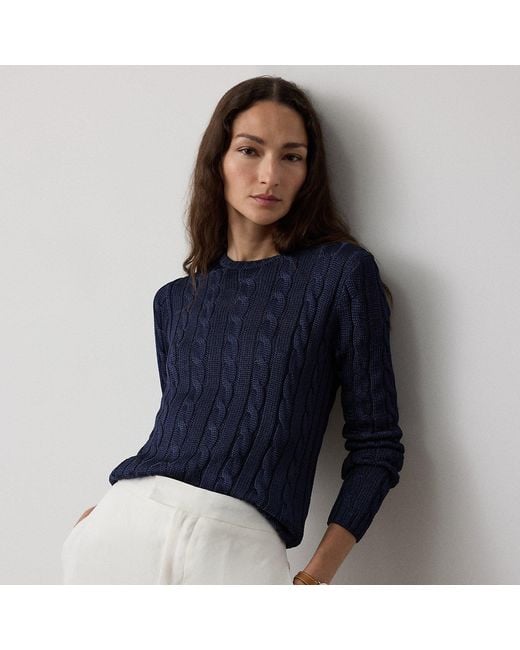 Ralph Lauren Blue Cable-Knit Silk Crewneck Sweater