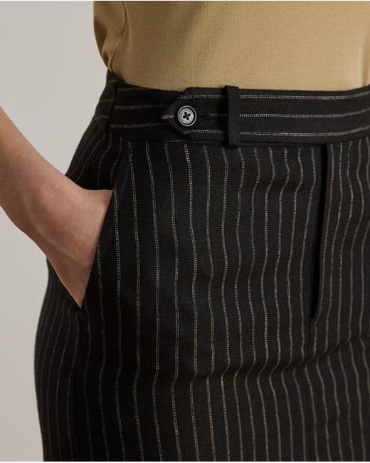 Ralph Lauren Black Chalk-Stripe Linen Pencil Midi Skirt