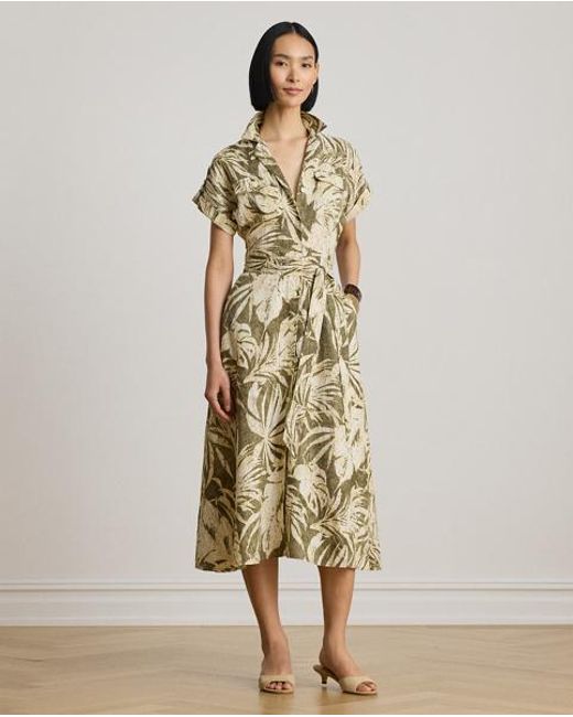 Ralph Lauren Metallic Palm-Frond-Print Linen Camp Shirtdress