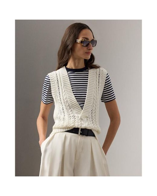 Gilet in maglia a trecce di cotone e seta di Ralph Lauren in White