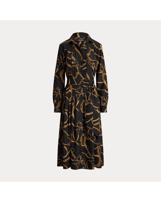 Ralph Lauren Black Belting-Print Pleated Crepe Shirtdress
