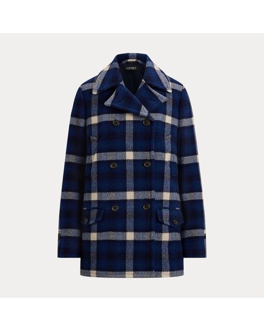 Ralph Lauren Blue Double-Breasted Plaid Tweed Coat