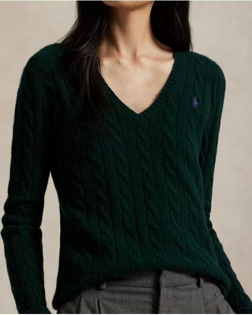 Polo Ralph Lauren Wollen-Kasjmier Kabeltrui Met V-Hals in het Green