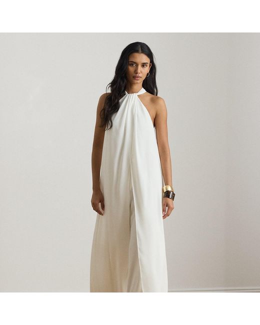Ralph Lauren Natural Cape Georgette Wide-Leg Halter Jumpsuit