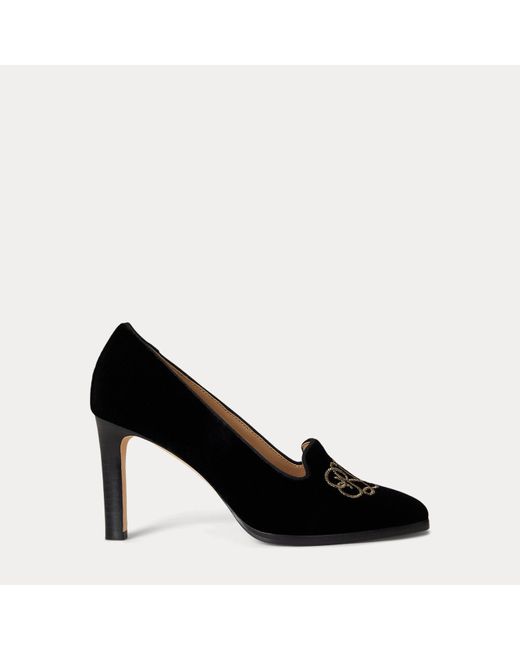 Ralph Lauren Black Corah Embroidered-Logo Velvet Pump