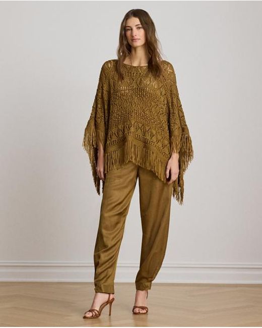 Ralph Lauren Brown Fringe-Trim Pointelle Jumper Poncho
