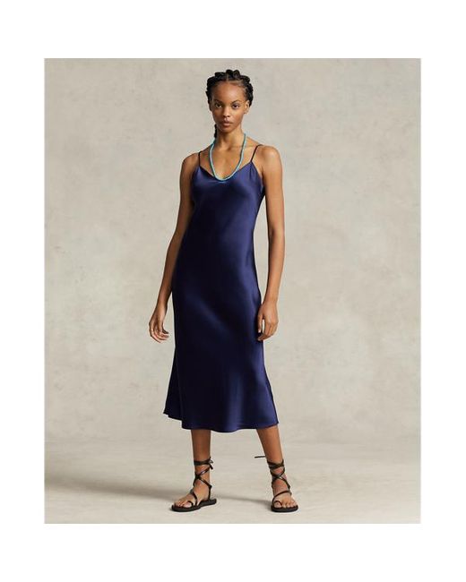 Ralph Lauren Halflange Zijden Slipdress in het Blue