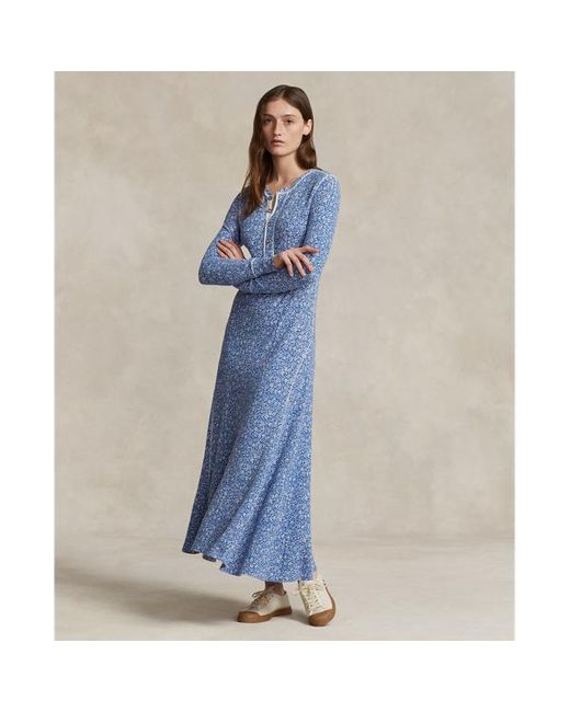 Polo Ralph Lauren Wafelgebreide Henley-jurk Met Bloemen in het Blue