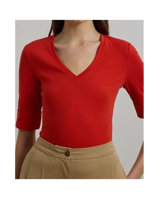 Maglietta in cotone con scollo a V di Ralph Lauren in Red