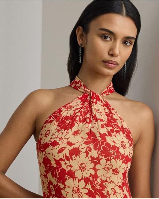 Ralph Lauren Red Floral Ruffle-Trim Georgette Halter Gown