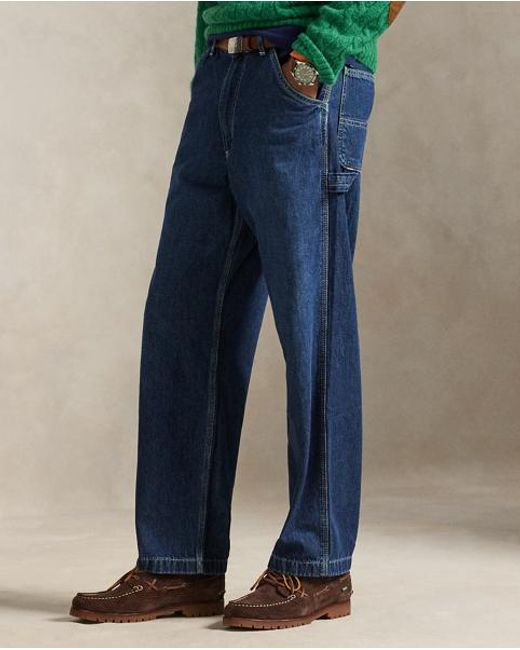 Men's Carpenter Jeans / Dungarees - Five Pocket, Hammer Loop, Relaxed Fit Work Jeans (Prewashed Denim)