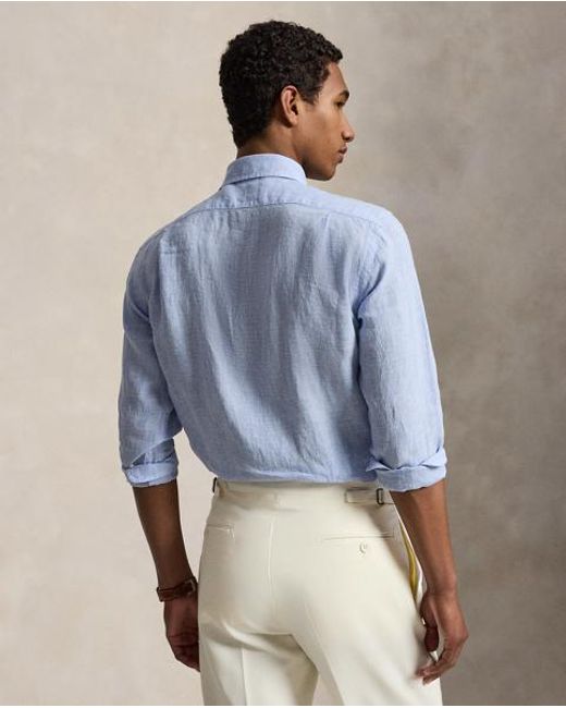 Polo Ralph Lauren Blue Custom Fit Houndstooth Linen Shirt for men