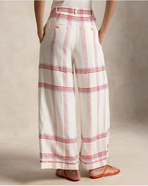 Polo Ralph Lauren Pink Plaid Linen Wide-Leg Cropped Trouser