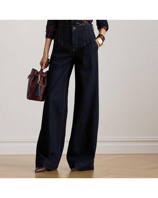 Ralph Lauren Blue Pleated High Rise Wide Leg Jeans