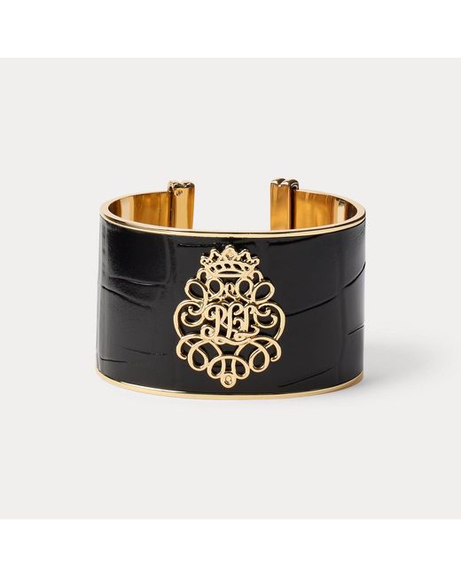 Ralph Lauren Black Ralph Lauren -Plated Logo Leather Cuff Bracelet