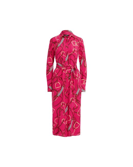 Ralph Lauren Print Belted Silk Shirtdress in Pink | Lyst