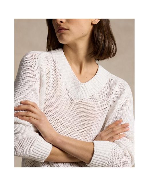 Polo Ralph Lauren White Linen-cotton V-neck Sweater