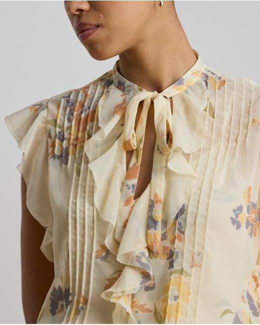 Ralph Lauren Natural Floral Pintucked Tie-Neck Blouse
