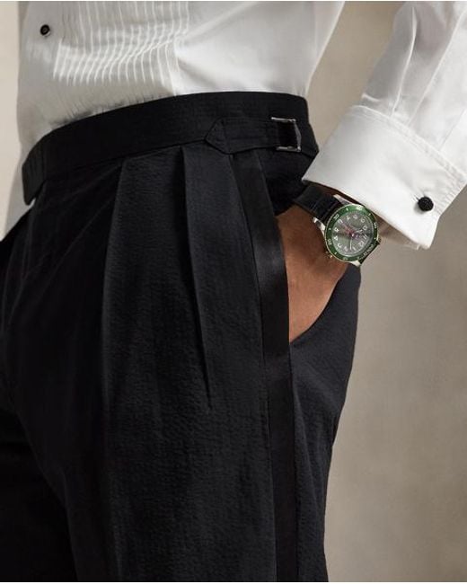 Polo Ralph Lauren Black Pleated Seersucker Tuxedo Trousers for men