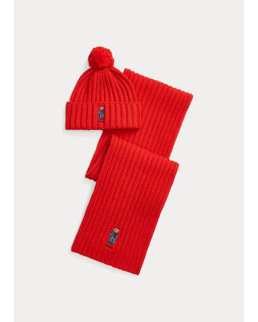Polo Ralph Lauren Red Polo Bear Rib-knit Beanie & Scarf Set