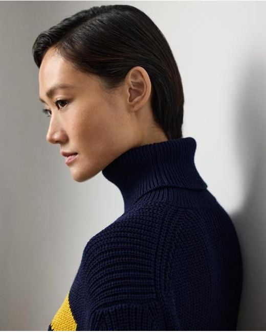 Ralph Lauren Intarsiagebreide Katoen-Zijde Turtleneck in het Blue