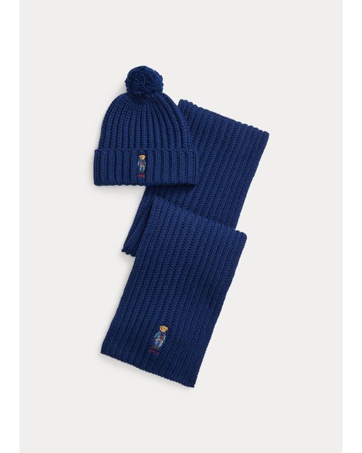 Polo Ralph Lauren Blue Polo Bear Rib-knit Beanie & Scarf Set