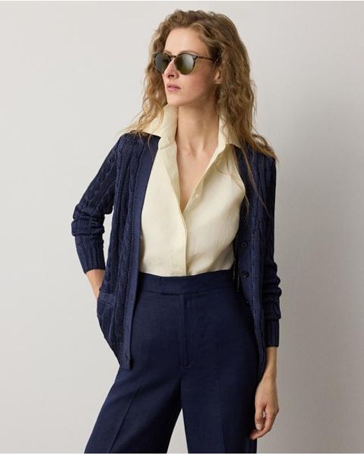 Ralph Lauren Blue Cable-Knit Silk Cardigan Sweater