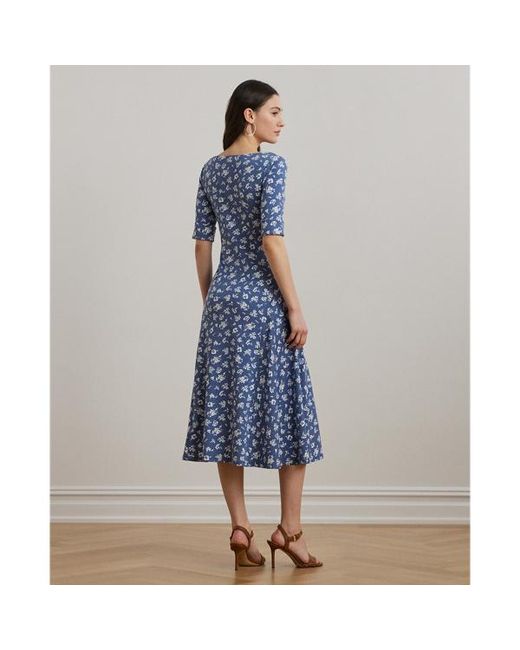 Ralph Lauren Blue Floral Stretch Cotton Midi Dress