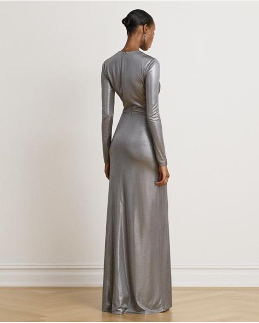 Ralph Lauren Gray Twist-Front Metallic Stretch Jersey Gown