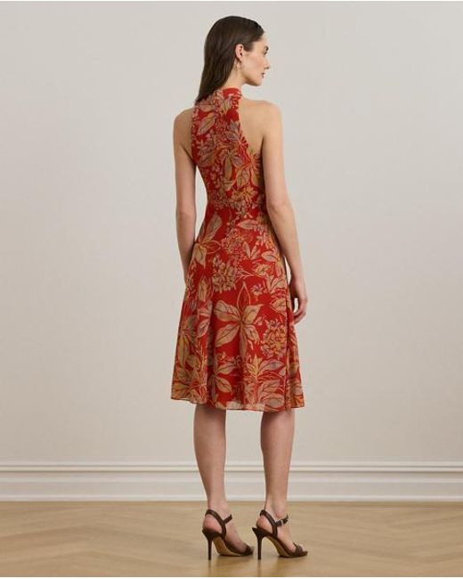 Ralph Lauren Red Geblümtes Neckholder-Kleid Aus Georgette
