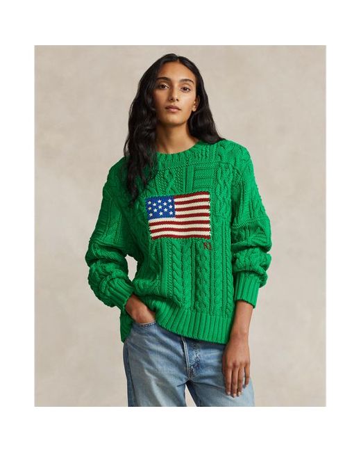 Polo Ralph Lauren Green Aran-knit Flag Cotton Jumper