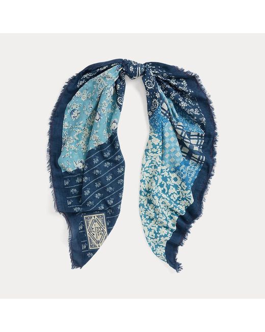 Foulard patchwork in cotone con frange di Polo Ralph Lauren in Blue