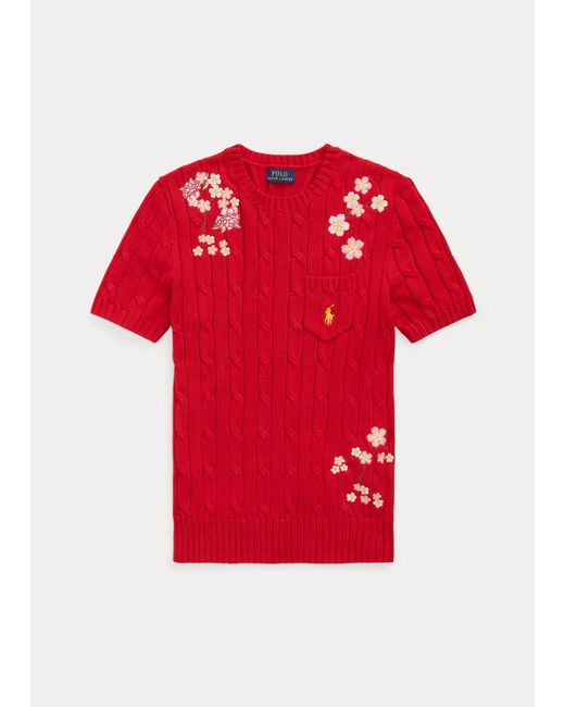 Polo Ralph Lauren Red Floral Cable Cotton Short-sleeve Jumper