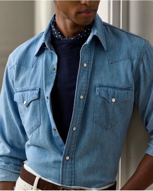 Ralph Lauren Blue Cotton-Linen Denim Western Shirt for men