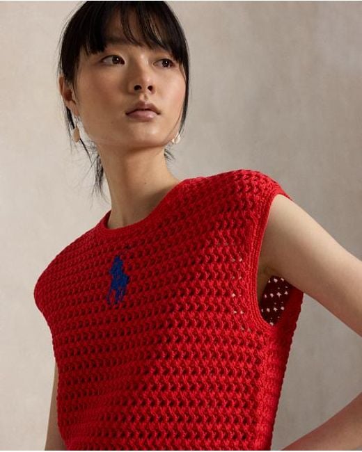 Polo Ralph Lauren Red Big Pony Crocheted Cotton Jumper