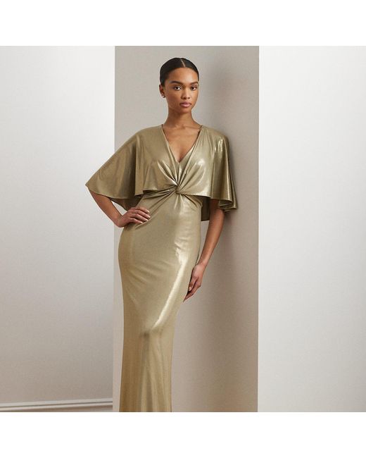 Ralph Lauren Metallic Jersey Twist-Front Cape Gown