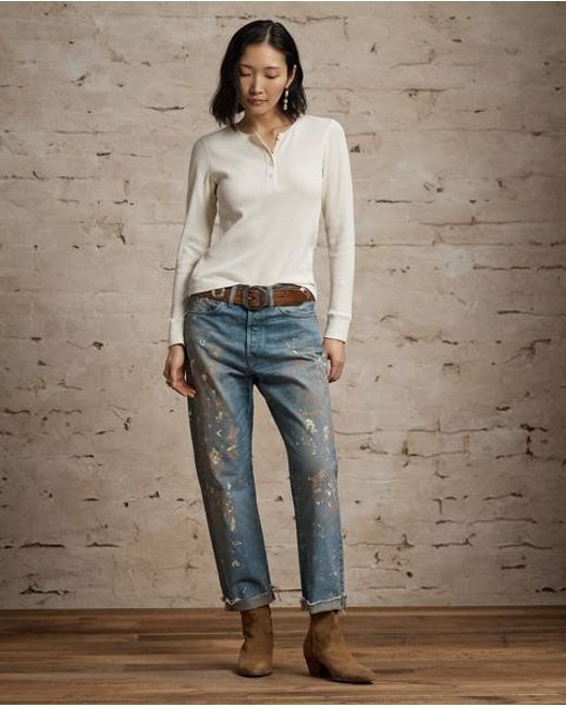RRL White Stretch Waffle-Knit Henley Shirt