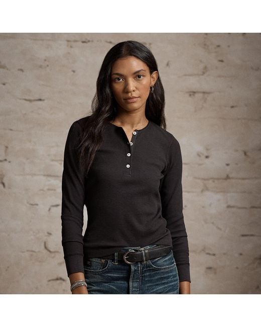 RRL Black Stretch Waffle-Knit Henley Shirt
