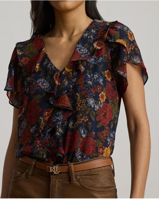 Ralph Lauren Black Geblümte Georgettebluse Mit Rüschen