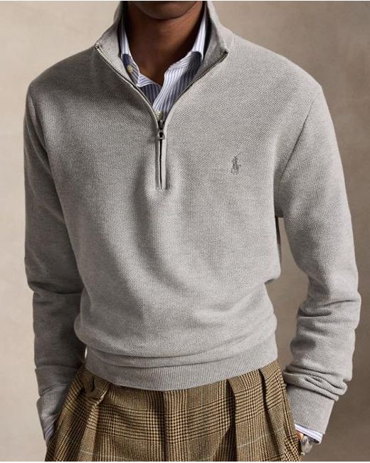 Polo Ralph Lauren Gray Mesh-Knit Cotton Quarter-Zip Jumper for men