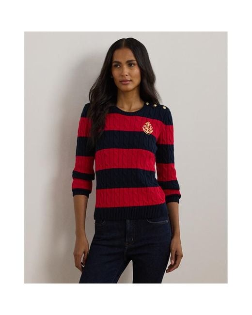 Ralph Lauren Red Striped Button-trim Cable-knit Jumper