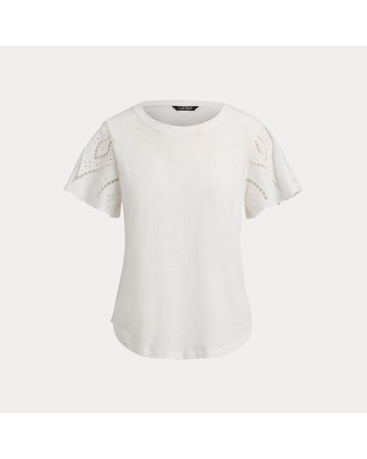 Ralph Lauren White Eyelet Cotton Jersey & Broadcloth Top