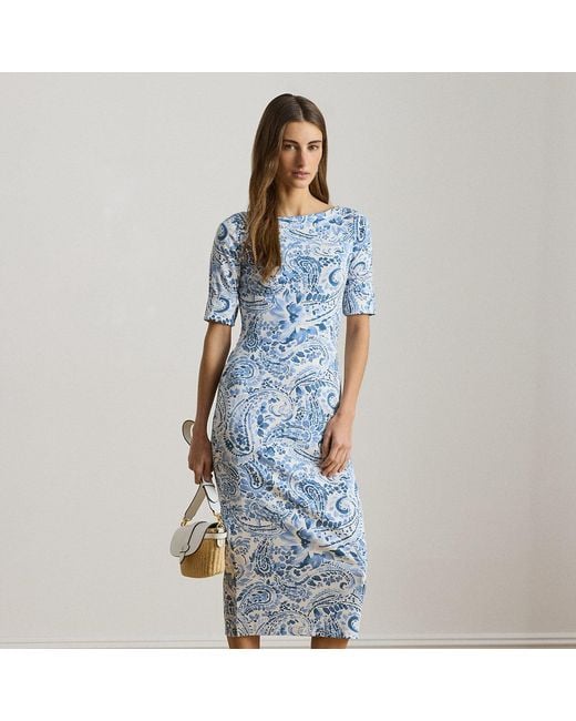 Ralph Lauren Blue Paisley Boatneck Cotton Midi Dress