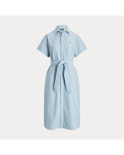 Polo Ralph Lauren Blue Kurzärmliges Oxford-Hemdkleid mit Gürtel