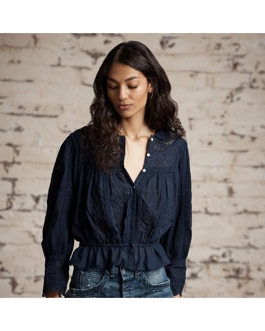 RRL Blue Bestickte Bluse Aus Baumwollvoile