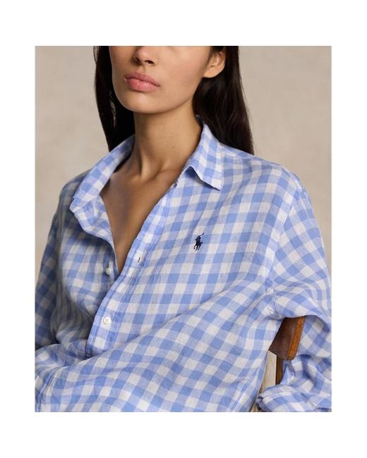 Camicia ampia e corta in lino vichy di Ralph Lauren in Blue