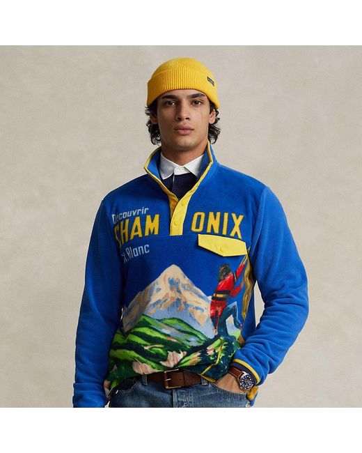 Ralph Lauren Blue Brushed Fleece Graphic Pullover for men